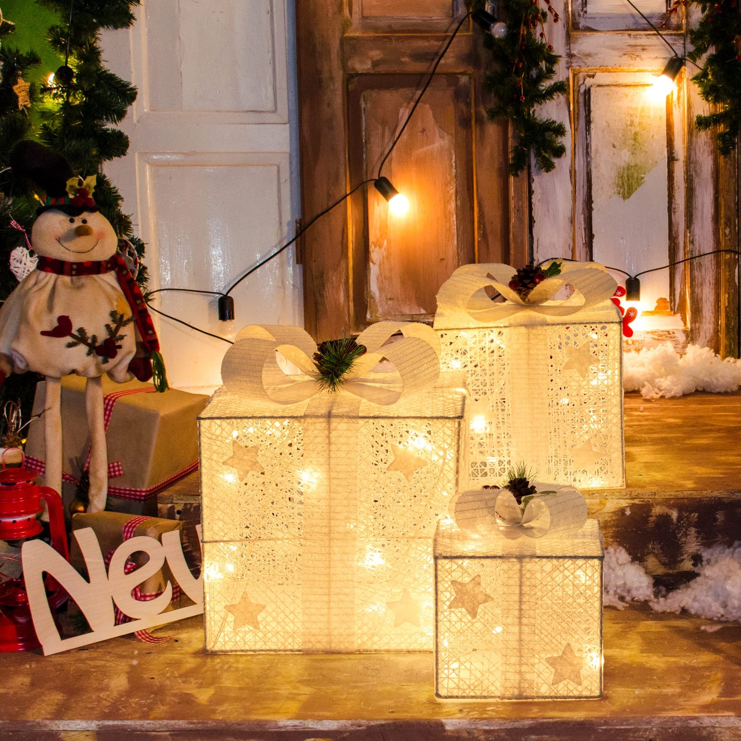 GIGALUMI LED Gift Box 3-Piece Set Christmas, 8 Modes 60 LED Glow Christmas Box, String Lights Lightbox with Plug for Indoor, White Christmas Decoration Xmas Decor Warm White
