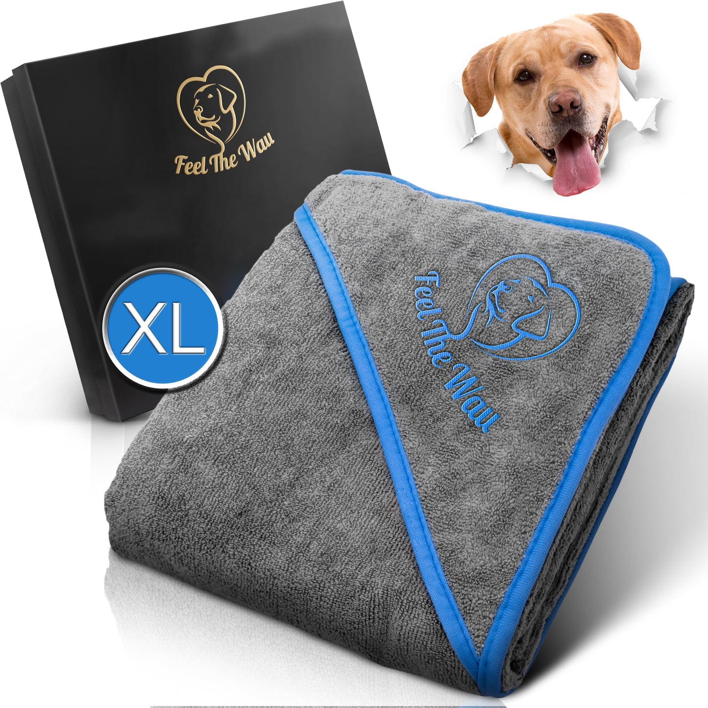 FeelTheWau Dog Towel extra absorbent - Dog towel for big dogs and small dogs - SUPER SOFT - Dog towel - Gift for dog owners (1 pack 130x75cm, Gray/Blue)