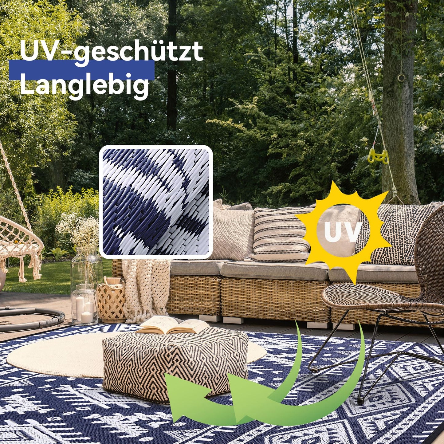 Homaxy outdoor rug weatherproof, plastic straw foldable washable UV-resistant reversible balcony garden rug for patio camping picnic (240 x 300 cm, navy blue & white)