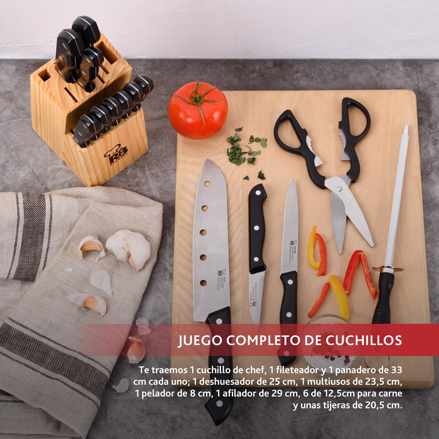 RENBERG Tenessy | Kitchen knife | 15-piece complete set with wooden handle | Perfect for cutting all types of ingredients | Professional kitchen | Made of stainless steel