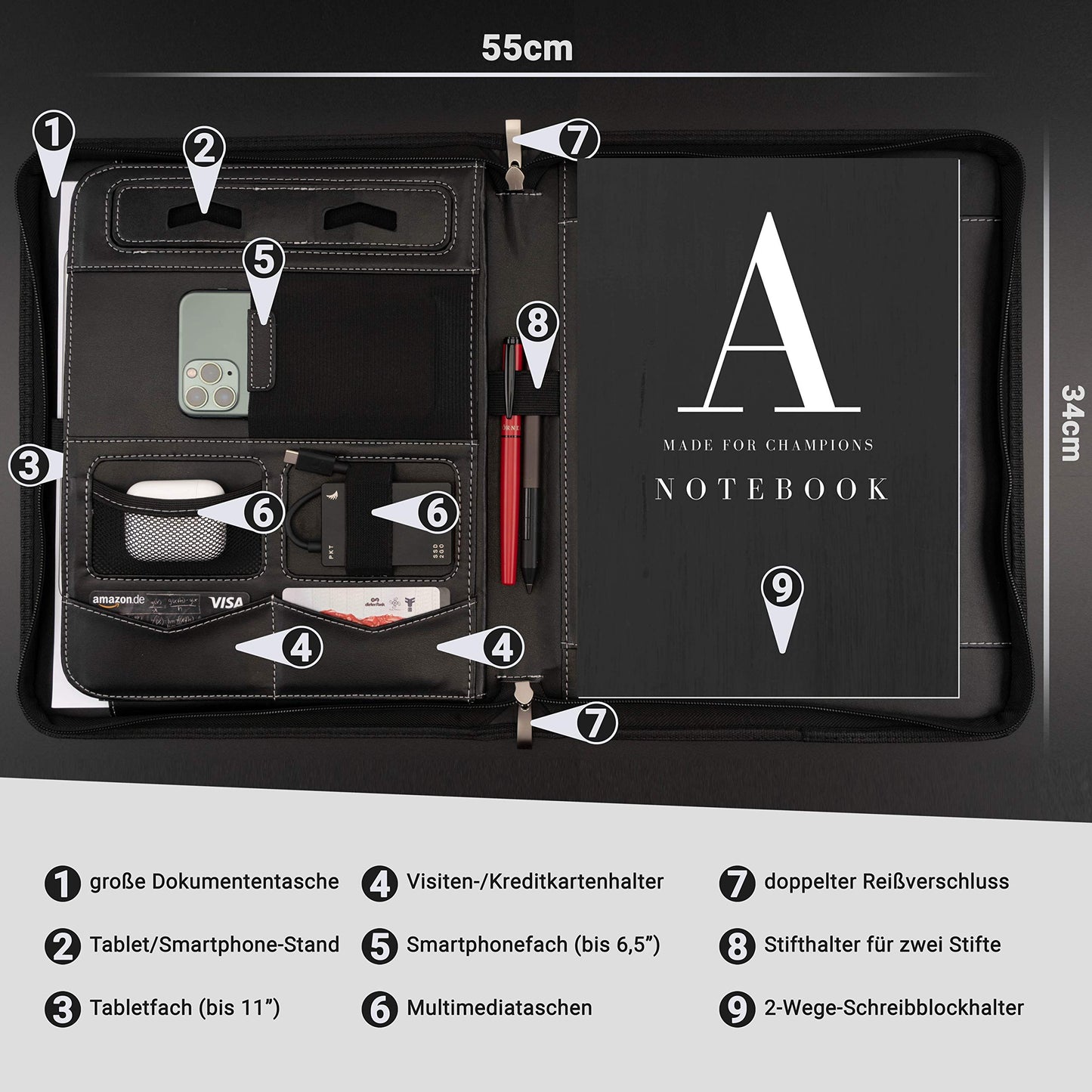 AZORIS PREMIUM® A4 Writing Pad Premium Conference Folder with plenty of storage space and a 13-inch compartment for tablet, iPad professional writing pad made of synthetic leather for ladies and gentlemen.
