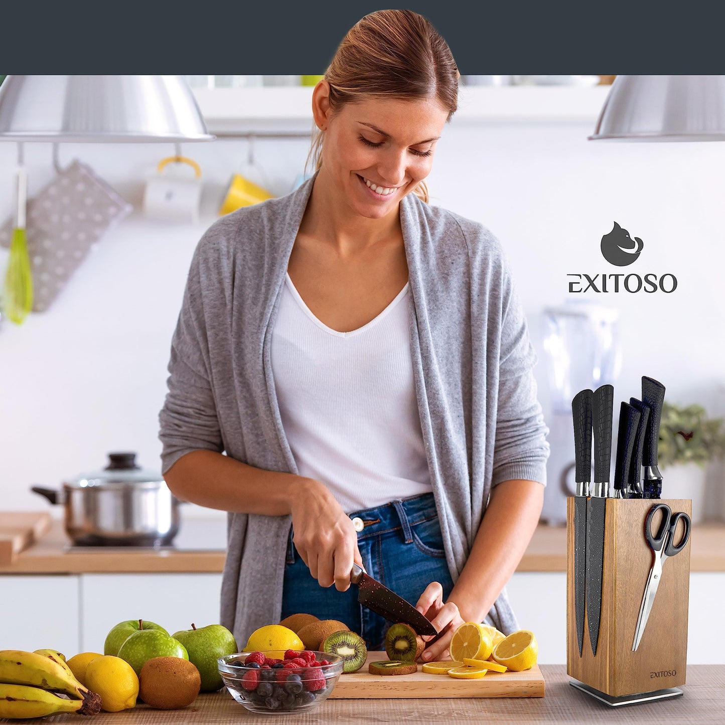 Successful NEW Acacia Knife Block, 360-degree Rotating with External Magnets & Removable Bristle Insert - Holds up to 20 knives | Secure Knife Storage Wooden Knife Block (knives not included)