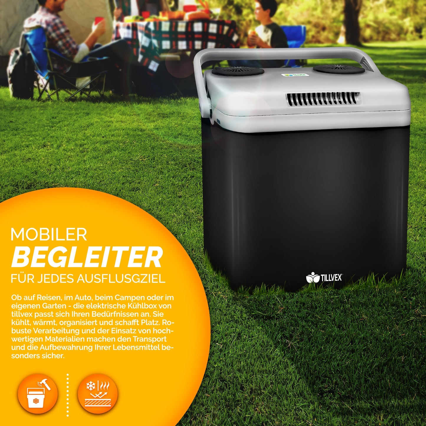 tillvex Electric Cooler 32L | Mini Fridge 230V and 12V for Car Camping | cools & heats | ECO mode (Charcoal)