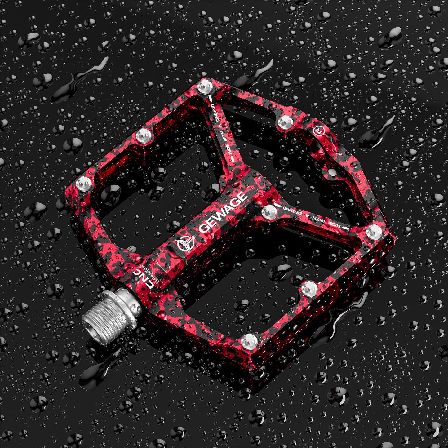 DARING Road/Mountain Bike Pedals - 3 Bearing Bike Pedals - CNC-machined 9/16-inch Flat Pedals with Removable Anti-slip Pins (Red Camouflage)
