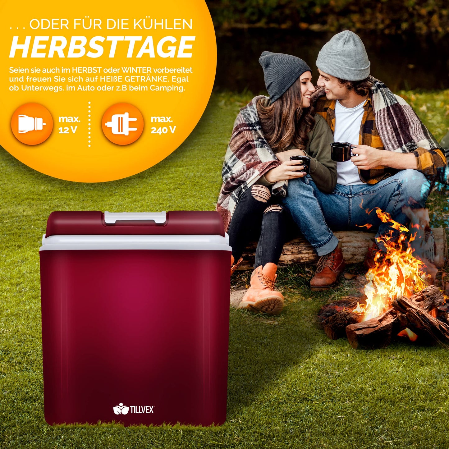 tillvex 24L Electric Cooler Box | Mini Fridge 230V and 12V for Car Camping | cools & warms | ECO Mode (Red)