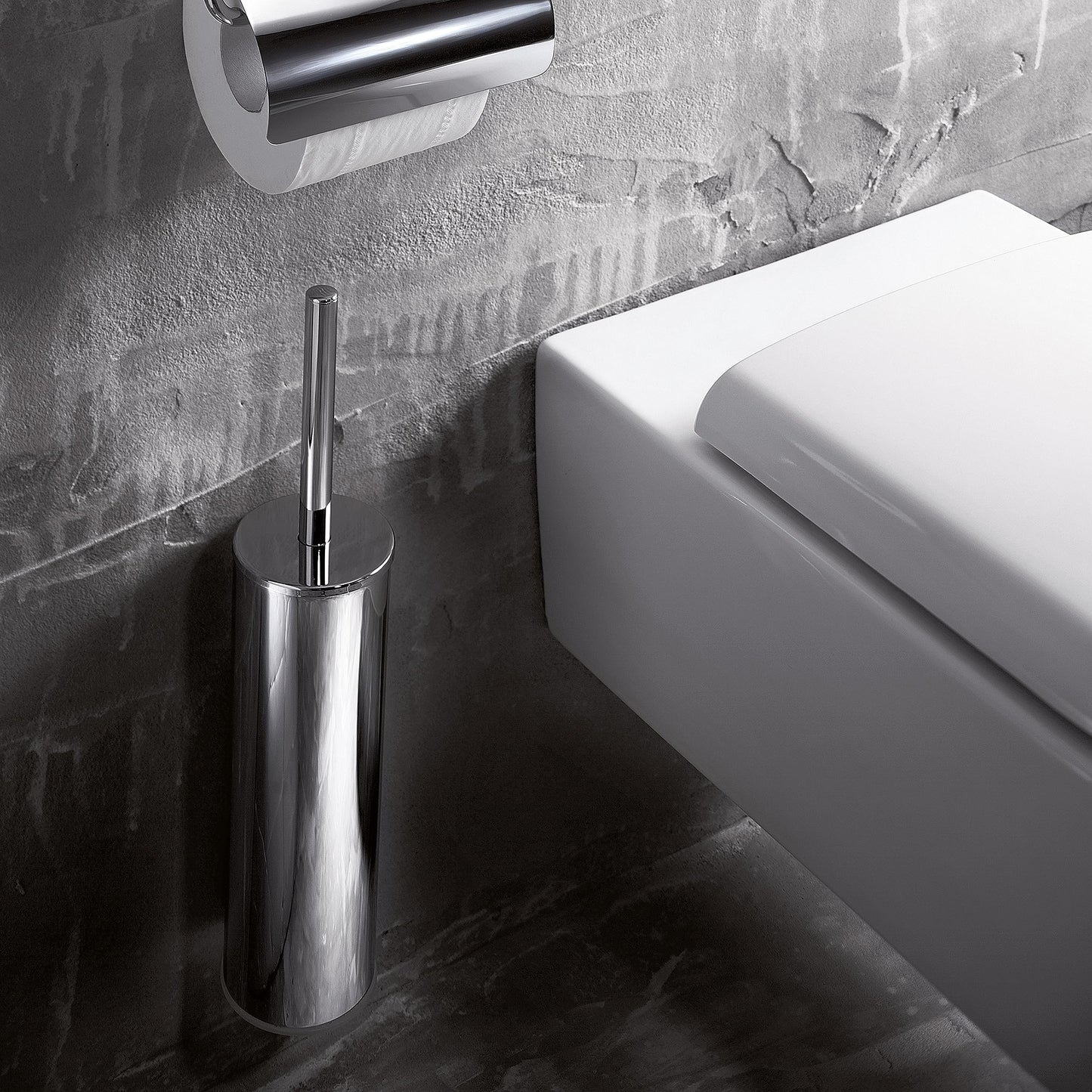 INDA - Bathroom accessories, My Love series, brush holder for wall or floor, replacement brush included, brass, chrome/white, 9 x 9 x 40 cm, SKU: AV014ACR
