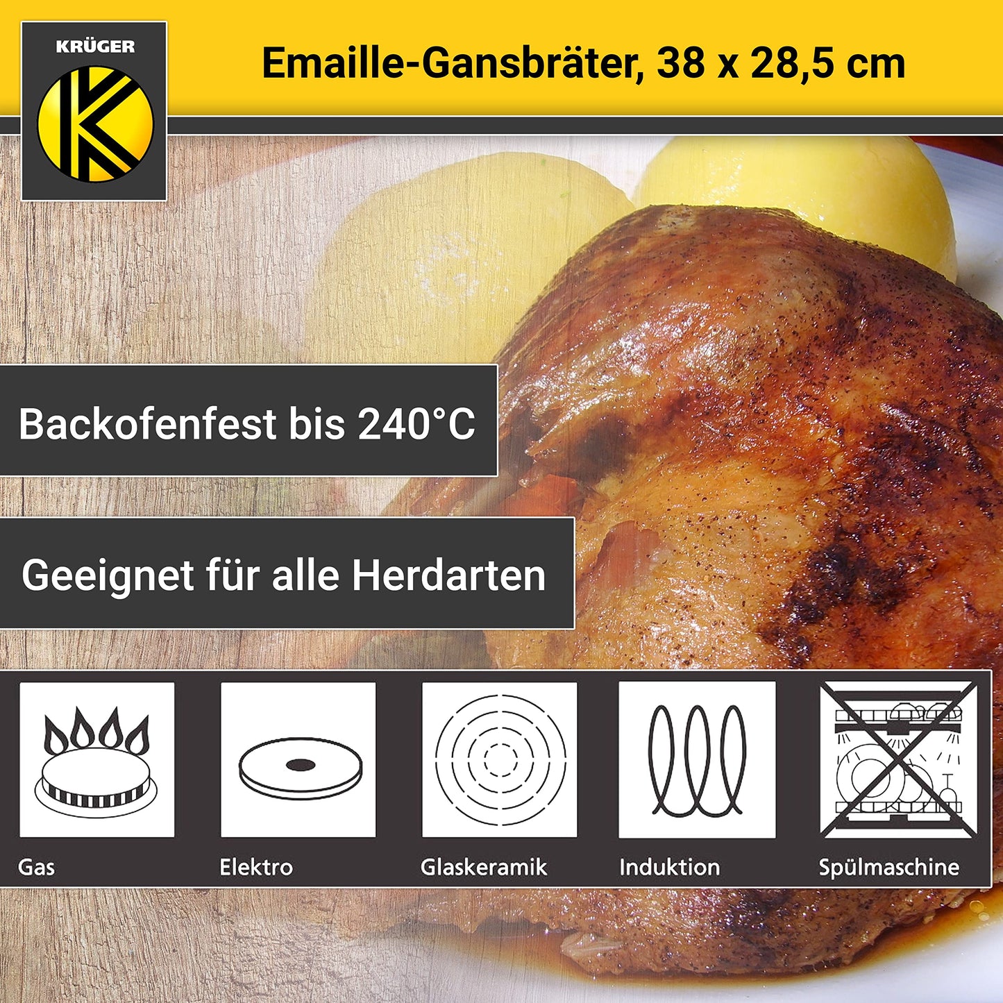 Krüger enameled goose roaster with drip lid - high-quality roaster - suitable for all stove types - excellent for roasts and poultry (enamel - black-white speckled (38 x 28.5 cm))