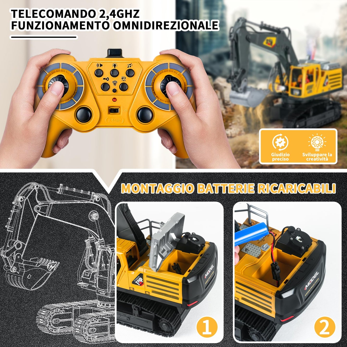 FUYLEY Remote Control Toy for Boys, Metal Shovel for 14K RC Excavator, 2.4 GHz with Sound Spray, Construction Toy RC 680° Rotation for Boys Gift