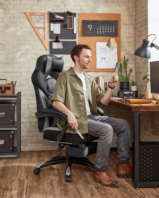 SONGMICS Gaming Chair, Office Chair with Footrest, Desk Chair, ergonomic design, adjustable headrest, lumbar support, up to 150 kg capacity, black-grey OBG77BGG