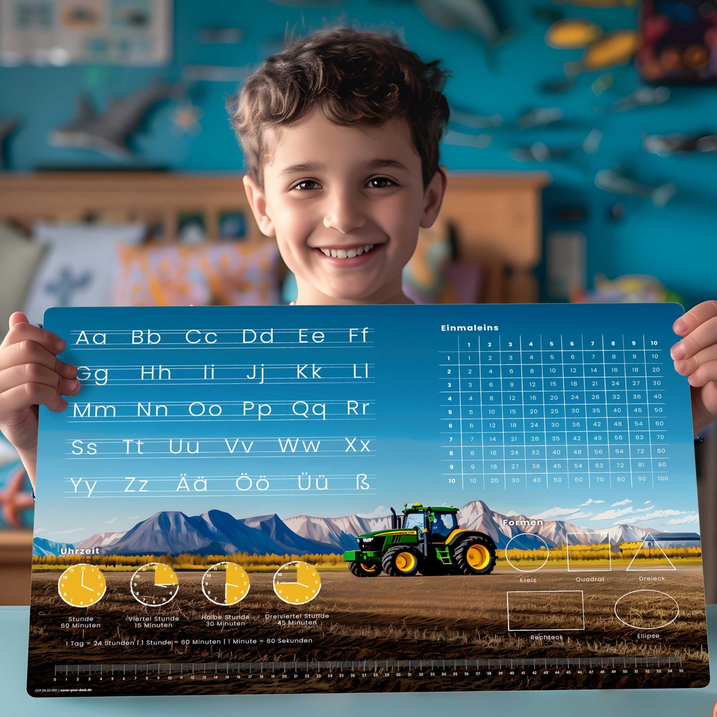 Desk pad for children - learning pad for starting school in various designs - ABC, times tables, clock - 60 x 40 cm - made of wipeable vinyl - Made in Germany (tractor design)