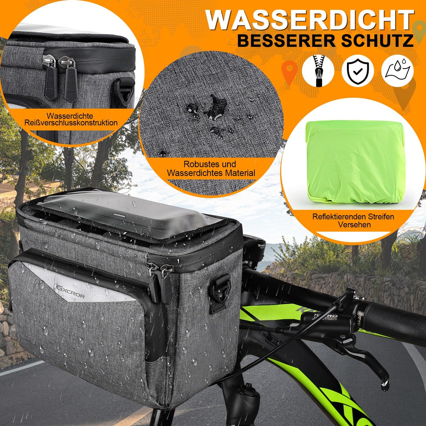 GXCROR handlebar bag for bike 5.5L Waterproof, with touchscreen phone holder & shoulder strap - Universal for e-bike, mountain bike, city bike.