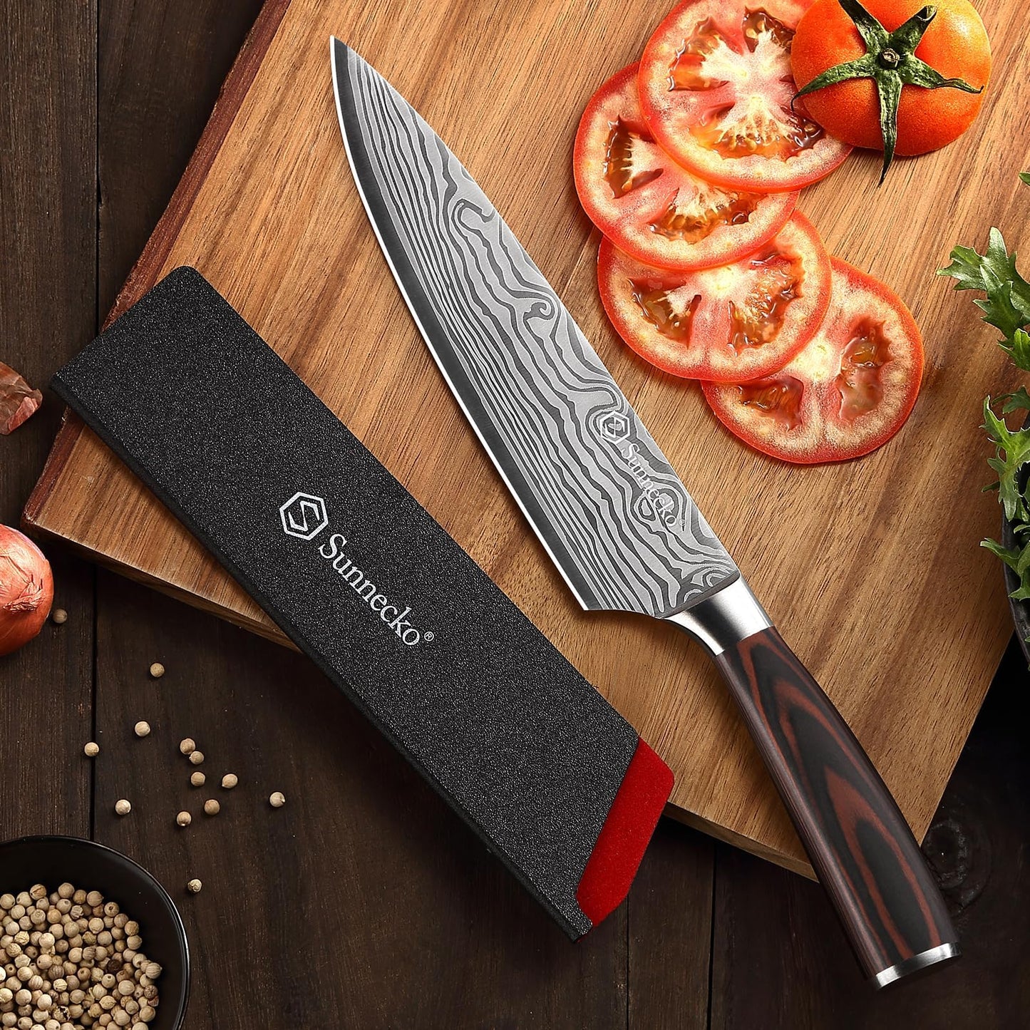 Sunnecko 20cm kitchen knife chef knife professional sharp stainless steel meat knife with Pakkawood handle multipurpose sharp blade with gift box