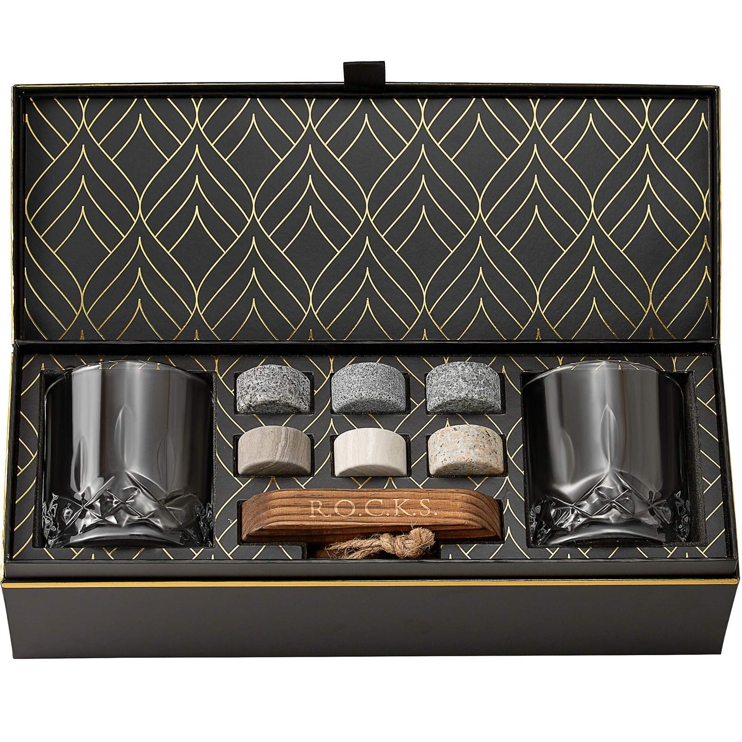 Whiskey Stones Set - 6 Handcrafted Round Granite Whiskey Stones - 2 Crystal Whiskey Glasses - Presentation and Storage Board made of Hardwood - Whiskey Gift Set Box with Gold Foil by Rocks