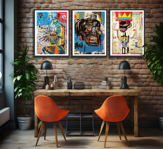 3 pieces Jean-Michel Basquiat modern street graffiti wall art abstract poster print wall decoration artist blue print canvas painting for living room bedroom bathroom office home decorations