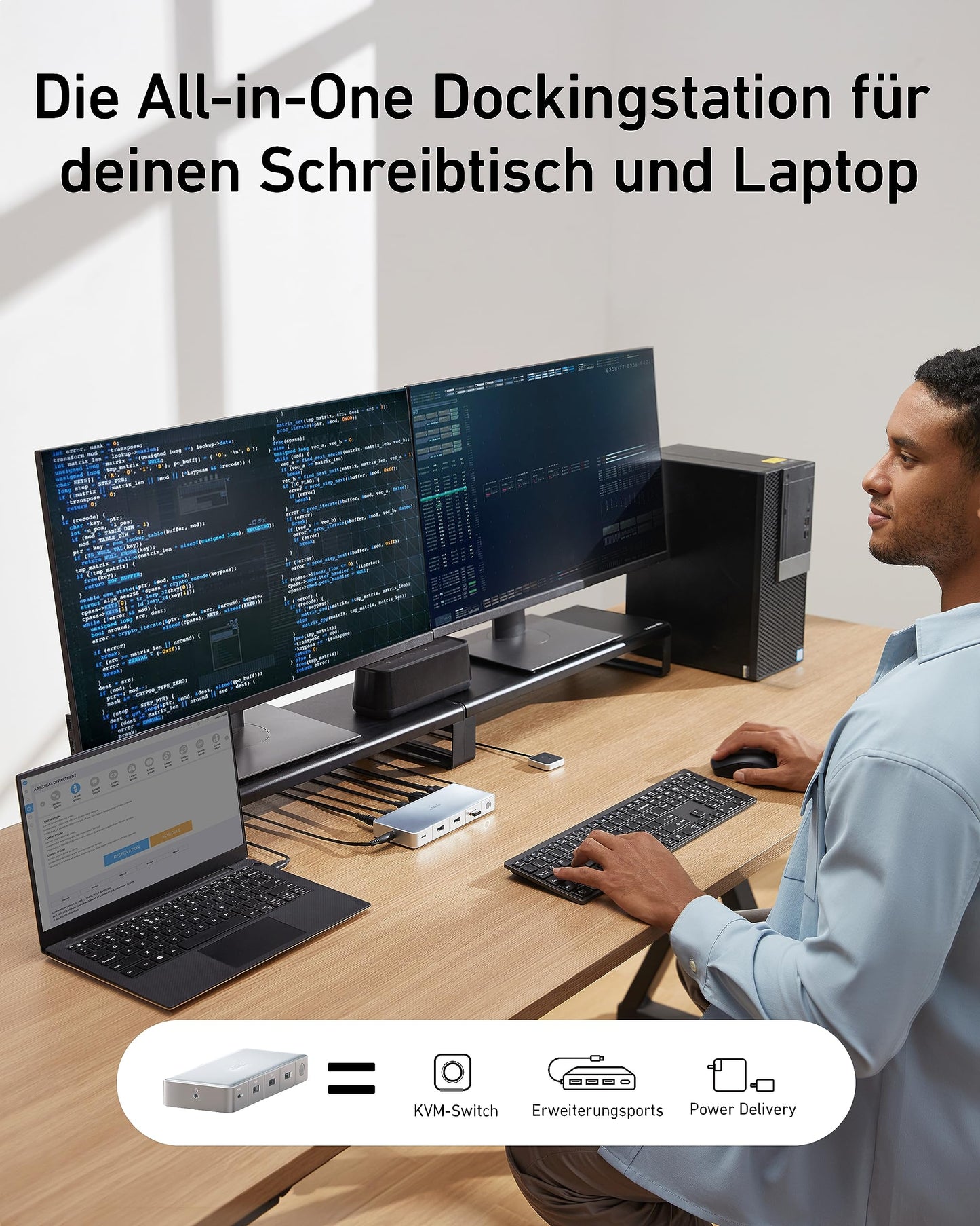 Anchor Docking Station, KVM switch for desktop PC and laptop, dual 4K monitor 553 USB-C docking station with HDMI and DisplayPort, USB 3.0 ports for HP laptop, MacBook, iPad, Steam Deck, and more.