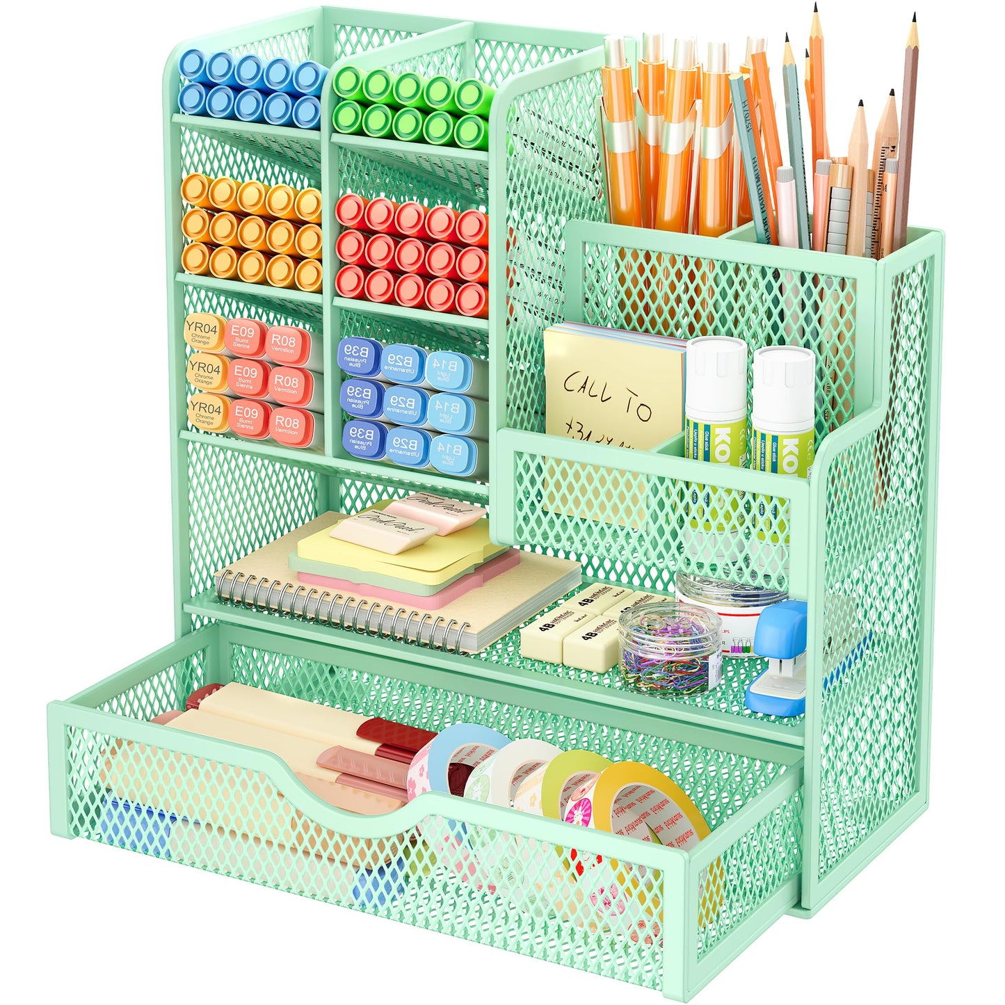 VITVITI Desk Organizer, 10 Compartments Pen Holder with Drawer, Metal Mesh Pen Stand, Desk Pen Holder for School Home Office (Green)