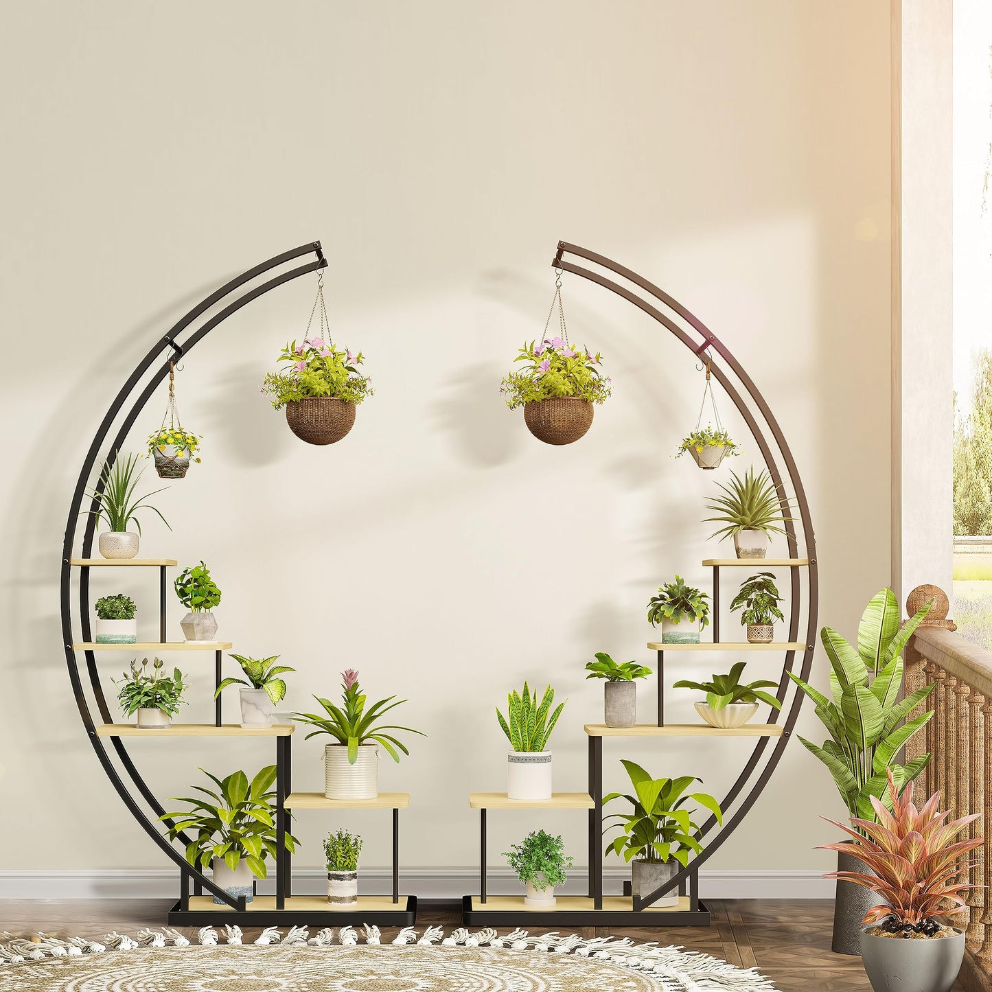 Ribelli 5-tier metal plant stand in half-moon shape 172cm, plant shelf with 5 shelves & hooks, tall flower stand plant ladder with tip-over protection for balcony living room terrace (1 piece, brown)