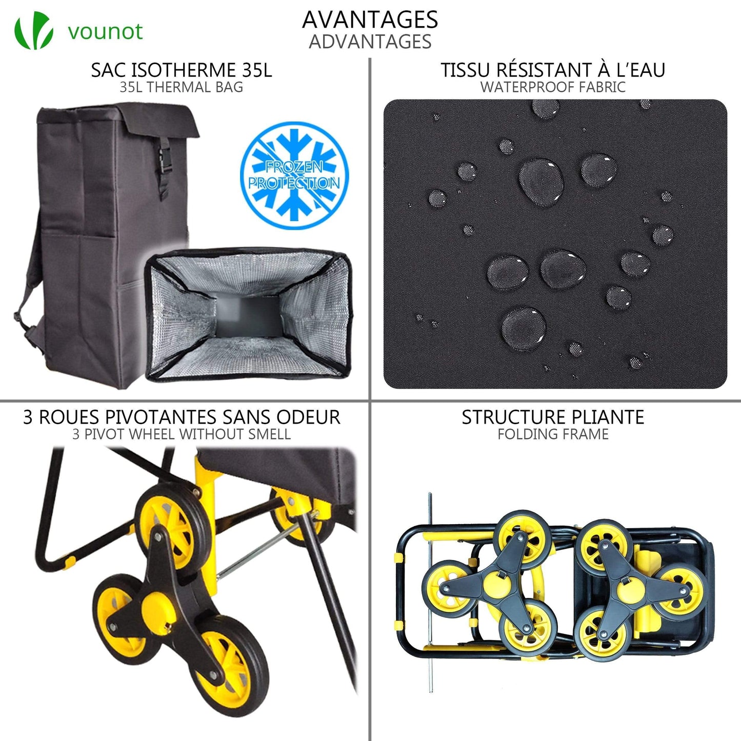 VOUNOT Shopping cart stair climber with cooler compartment and folding seat, foldable shopping trolley with 3 wheels, 40 L.