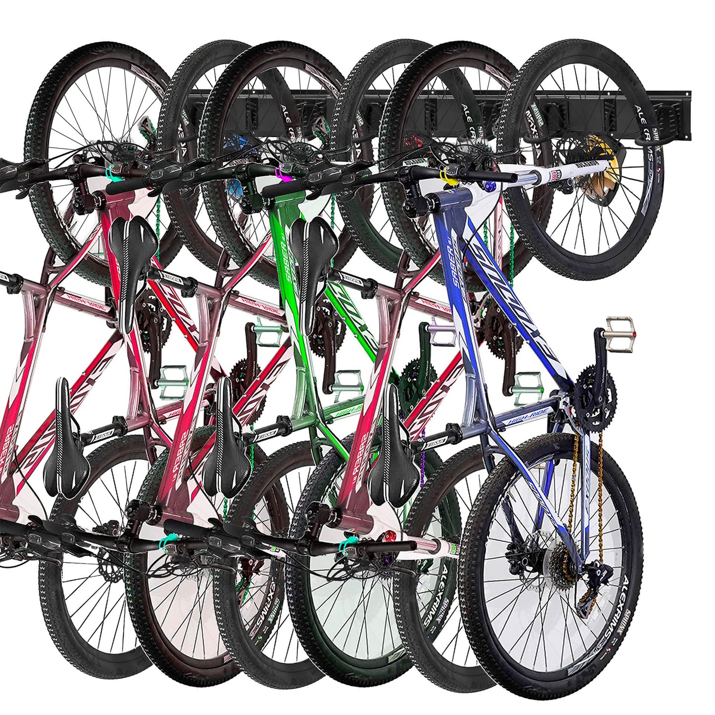 Mimoke bike wall mount adjustable for vertical storage of e-bikes, mountain bikes, and road bikes. Holds 6 bikes and helmets.