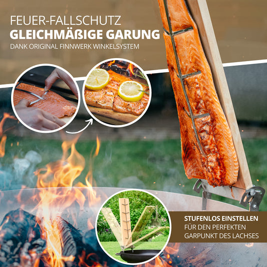 FINNWERK Flame Salmon Board - Flame salmon boards with stainless steel holder - Perfect salmon boards for grilling made of solid birch - Also ideal as a smoking board - Angle system for optimal adjustment