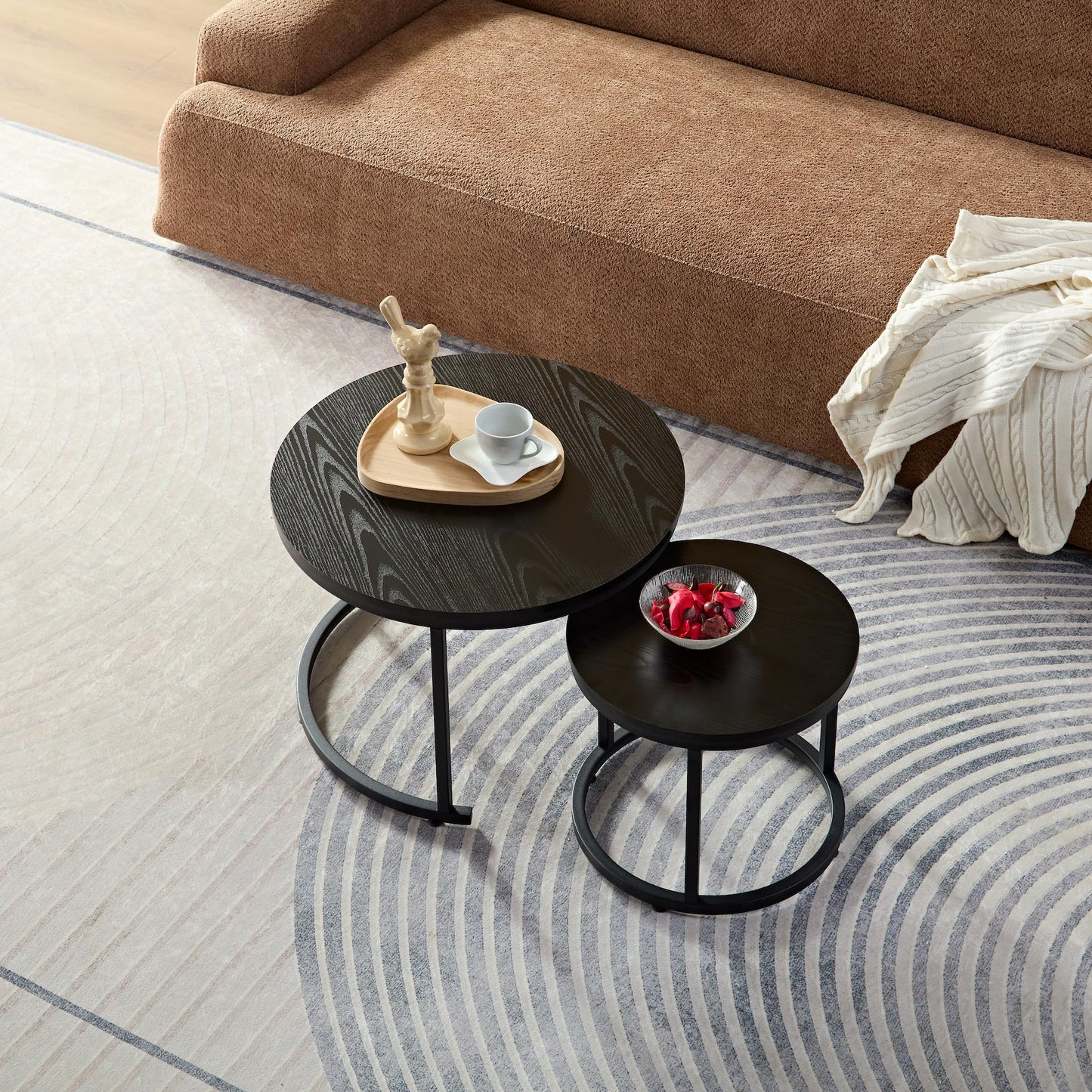 Home Heaven® Coffee Table Round Black 2 Pack - Round Living Room Tables Wood for Lounge - Ø60cm Ø40cm