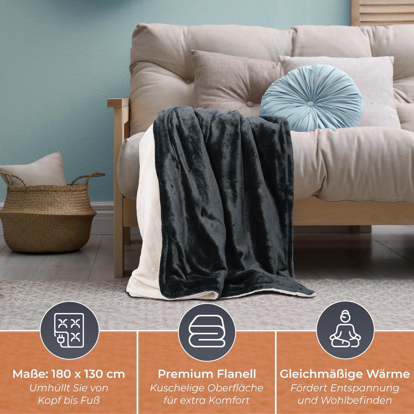 KLAMER electric heated blanket with automatic shut-off, 180x130 cm, washable, 10 temperature levels, suitable for bed, sofa, and office, dark grey.