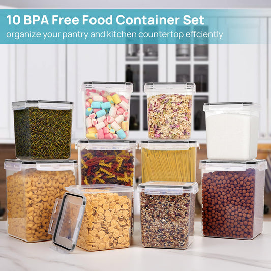Vtopmart 10-piece set of large airtight storage containers with lids 6.5L, for flour and sugar storage, kitchen storage box for flour, cereal and sugar, BPA free, black.