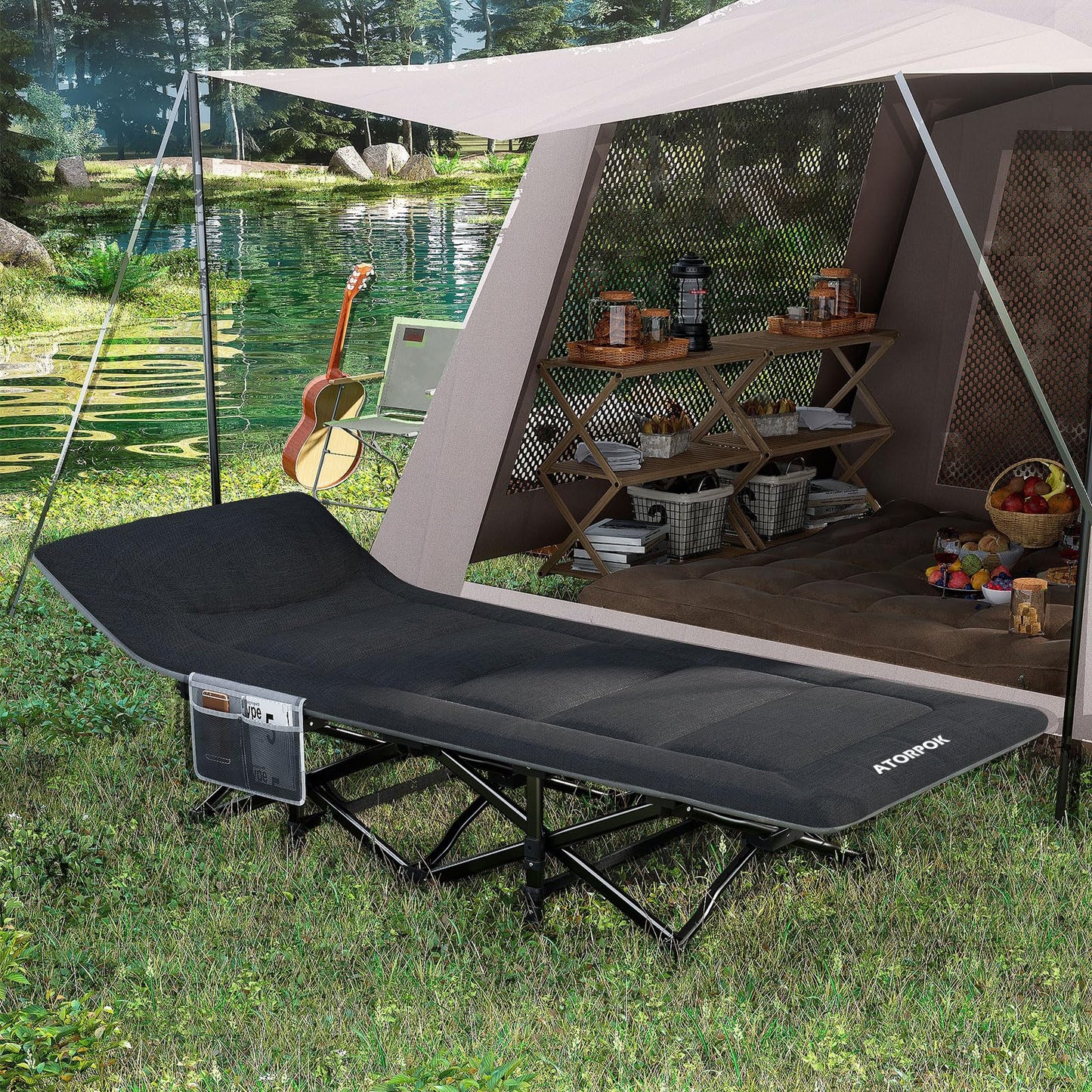 ATORPOK SHOP Camping bed foldable, extra wide foldable cot for outdoor garden indoor (black)