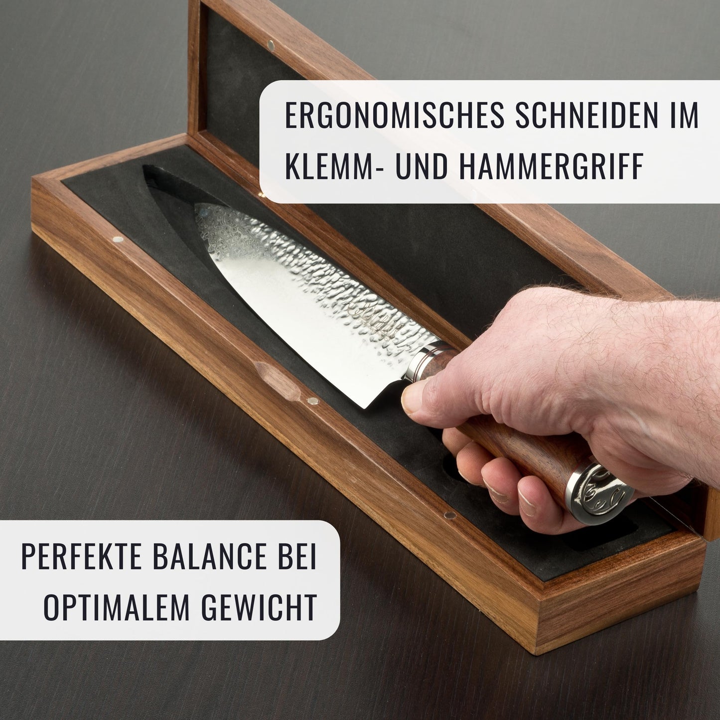 SCHWARTZHIRSCH® Caliburn - The handcrafted chef's knife made from Japanese Damascus steel with a fine genuine wood handle in an exclusive walnut wood box (20cm, Damascus knife, gift packaging)
