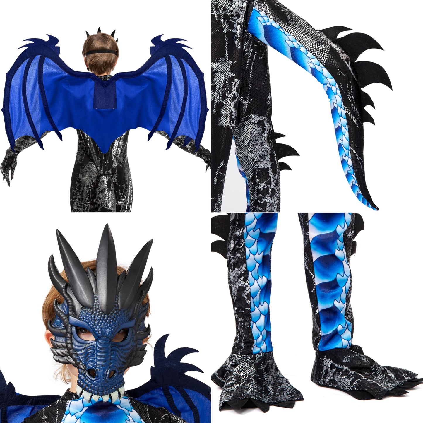 Spooktacular Creations Kids Boys Black and Blue Dragon Costume, Dragon Wings and Mask, Halloween Suit Dragon Outfit for Boys for Halloween Parties, Cosplay-L