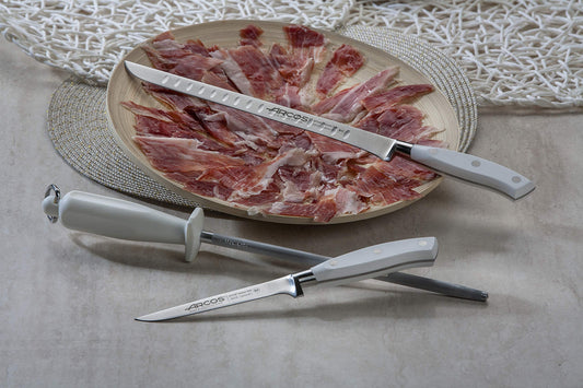 Arcos 807511 Riviera Blanc - Ham Knife Set 3 Pieces - Forged Stainless Steel - POM Handle - Color White (GIFT HAM COVER)