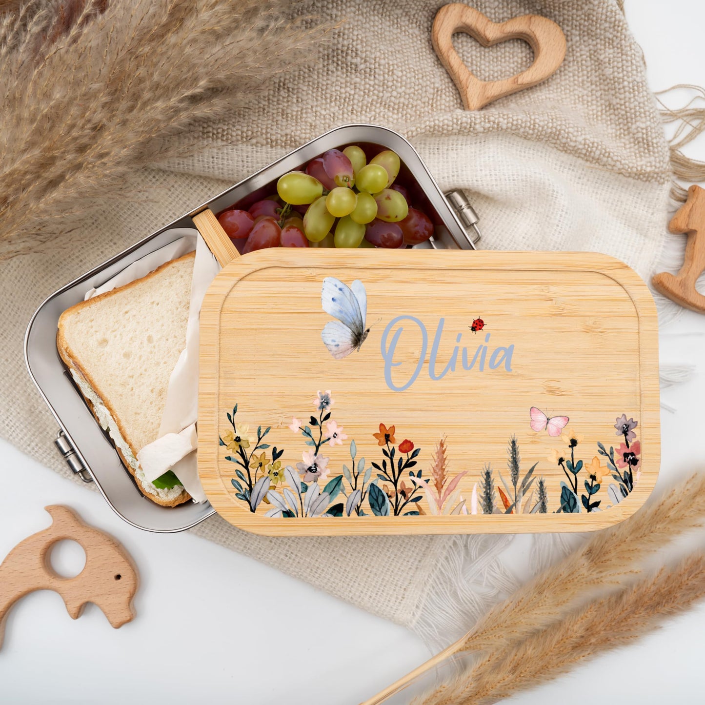 Kidsmood - Personalized lunch box for kids with compartments, stainless steel lunchbox with bamboo lid. Printed without harmful substances, featuring cute animal design & name. Perfect back-to-school gift for girls & boys.