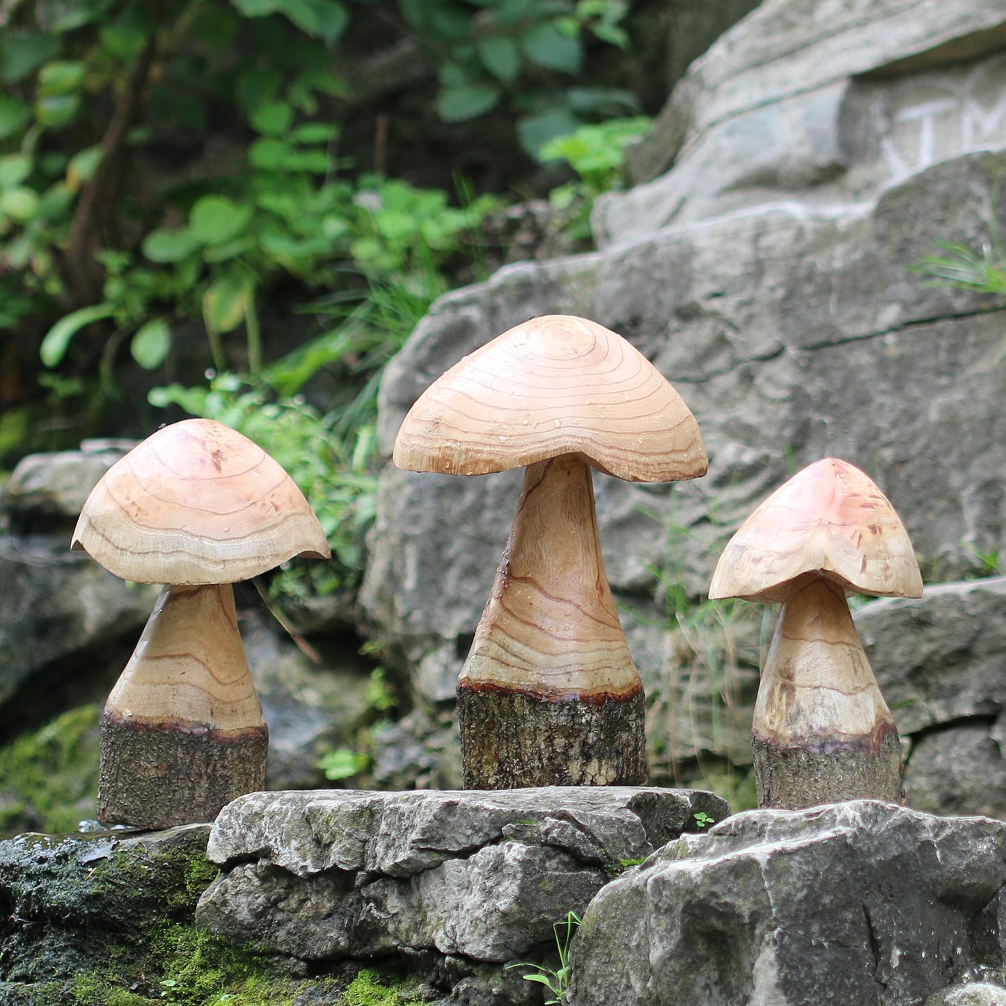 ART-CRAFT Natural wooden mushroom decoration set with 3 hand-carved mushrooms 35-30-25 cm tall - For balcony, terrace, garden.