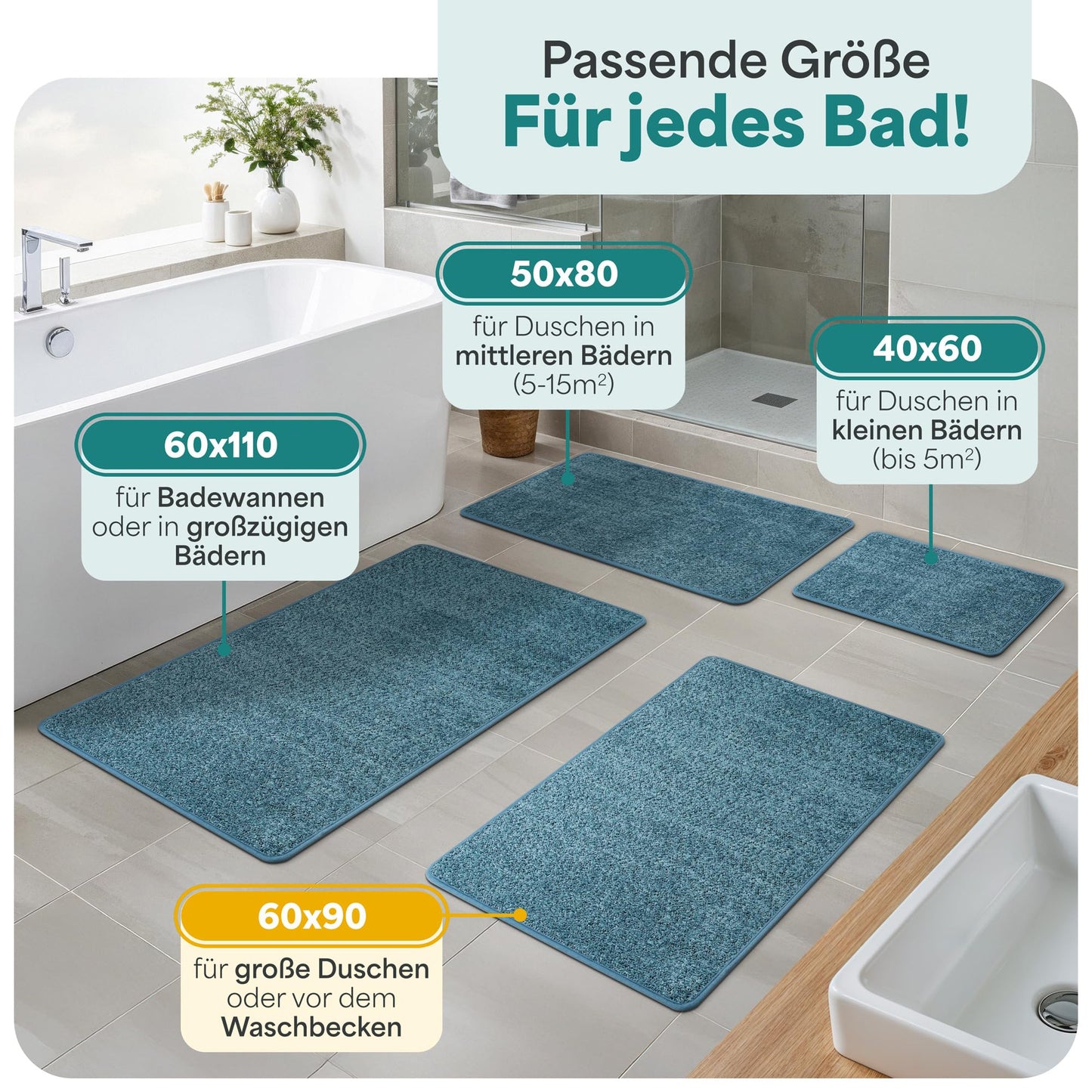 Grounded® bath mat blue - non-slip & washable - absorbent bathroom mat - hygienic shower mat - bath mat non-slip washable 60x90 cm quick-drying