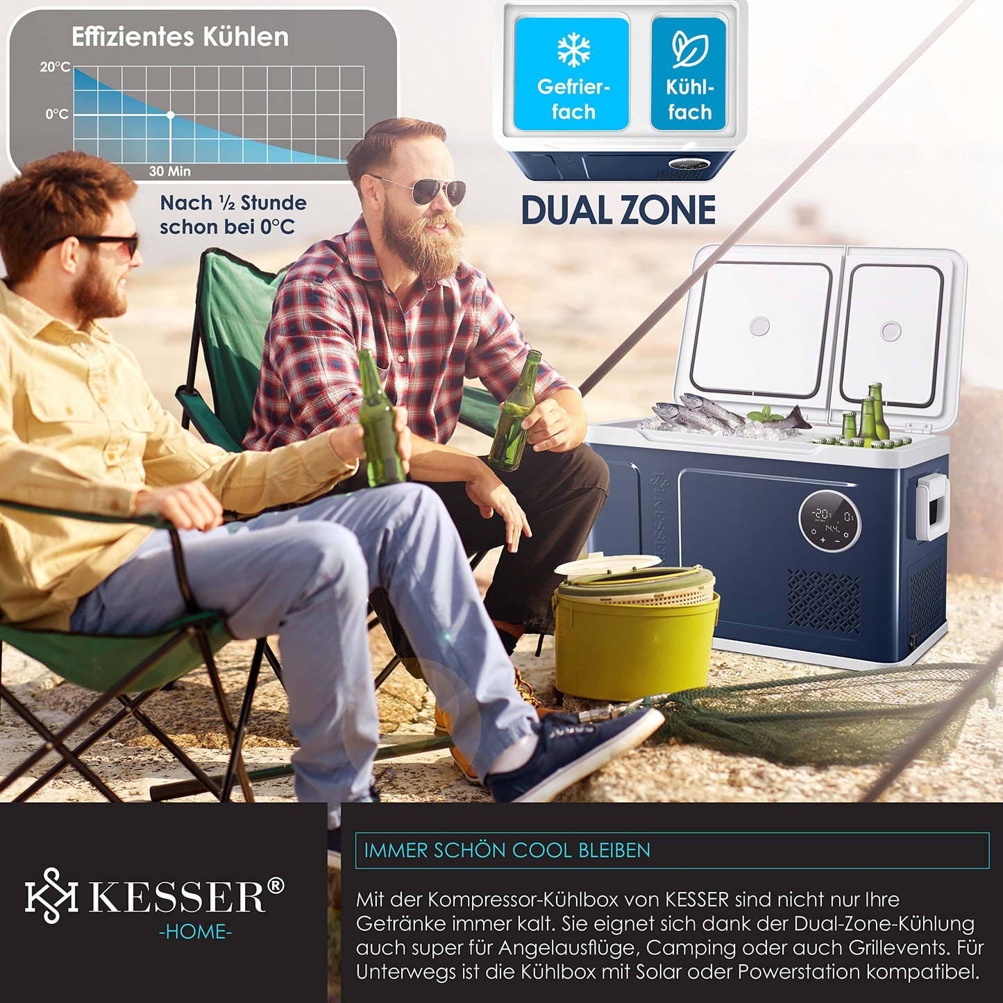 KESSER® Compressor Cooler Box 2in1 Dual Zone Cooling & Freezing Compartment 40 liters electric Freezer Box with 2x Cooling Packs & LED Touch Control | Refrigeration Cooling up to -20°C for Camping, Car, Truck 12/24V 230V