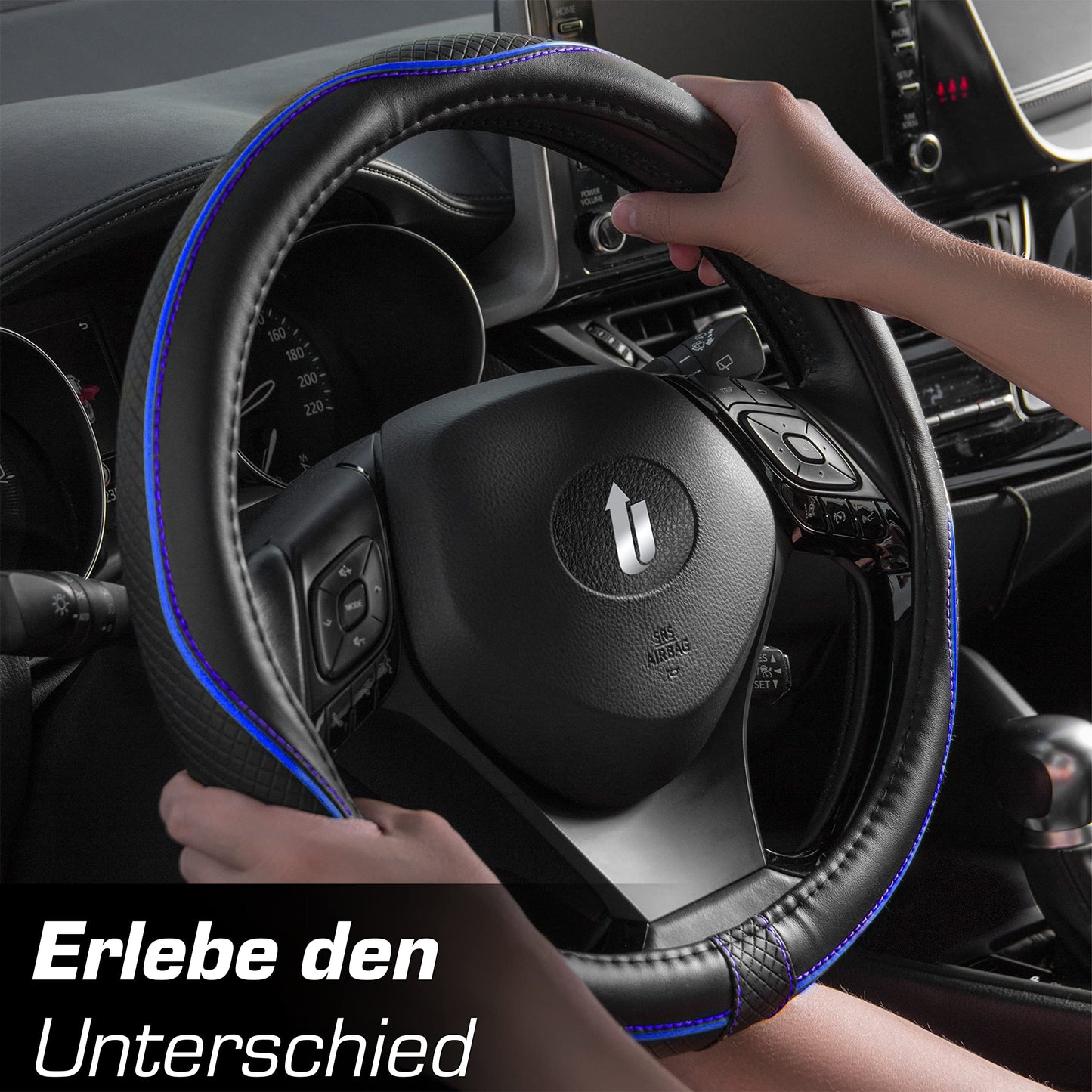 Upgrade4cars steering wheel cover Blue Black in leather look | Steering wheel cover Universal 37-38 cm for summer & winter | Car accessories interior gift ideas | Gifts for women and men