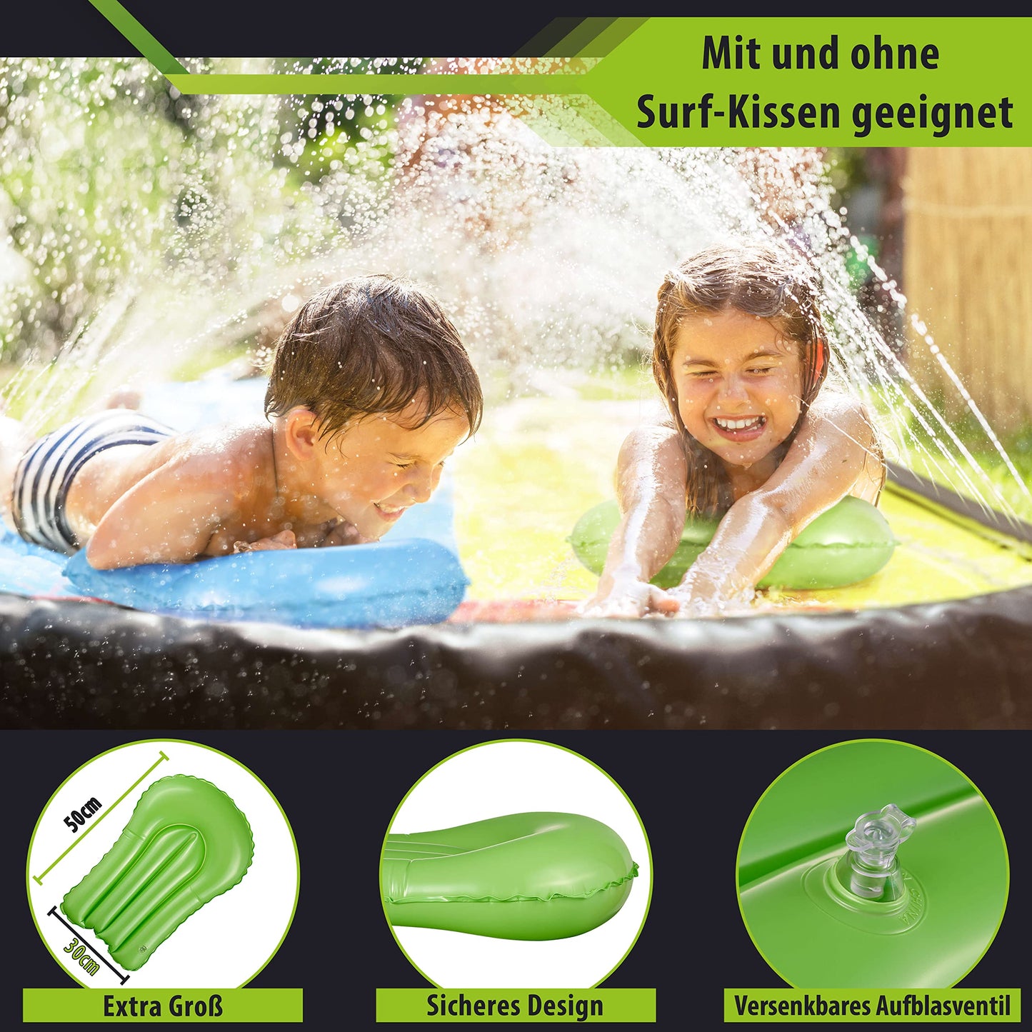 Balinco - Double water slide 4.80 x 1.40 m with 2 surf cushions & anchoring pegs - Large water slide for garden & outdoor - Sprinkler slip mat for children & adults - Water toy for summer.