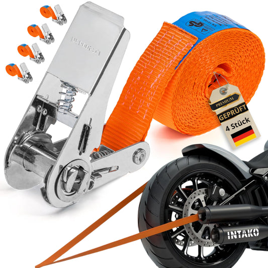 INTAKO 4-piece ratchet tie-down straps (4m or 6m) - 800kg 25mm - TÜV & DIN certified - Small one-piece tie-down strap - Ratchet strap for motorcycles