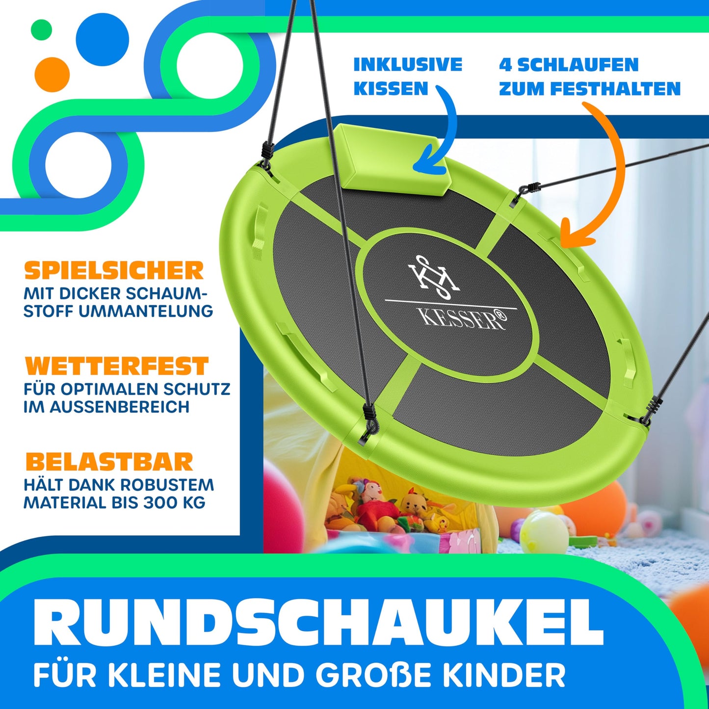 KESSERยฎ Nest Swing Plate Swing Hanging Swing Round Swing ร 100cm Swing load capacity up to 300kg with cushion & 4 handles adjustable Kids Swing Indoor & Outdoor for Children & Adults Green