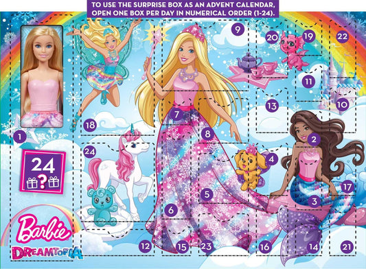 Barbie Dreamtopia Advent Calendar Barbie doll and 24 gifts including fairytale fashions, magical pets and accessories, holiday gift, HGM66