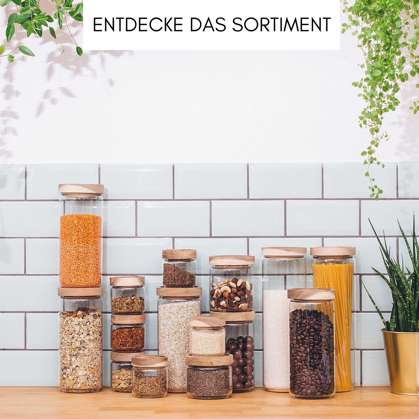 Econovo® storage jars with lid 300ml (4 pieces), glass containers with lid set, glass storage jars for storing muesli, pasta, coffee, storage jars with wooden lid.