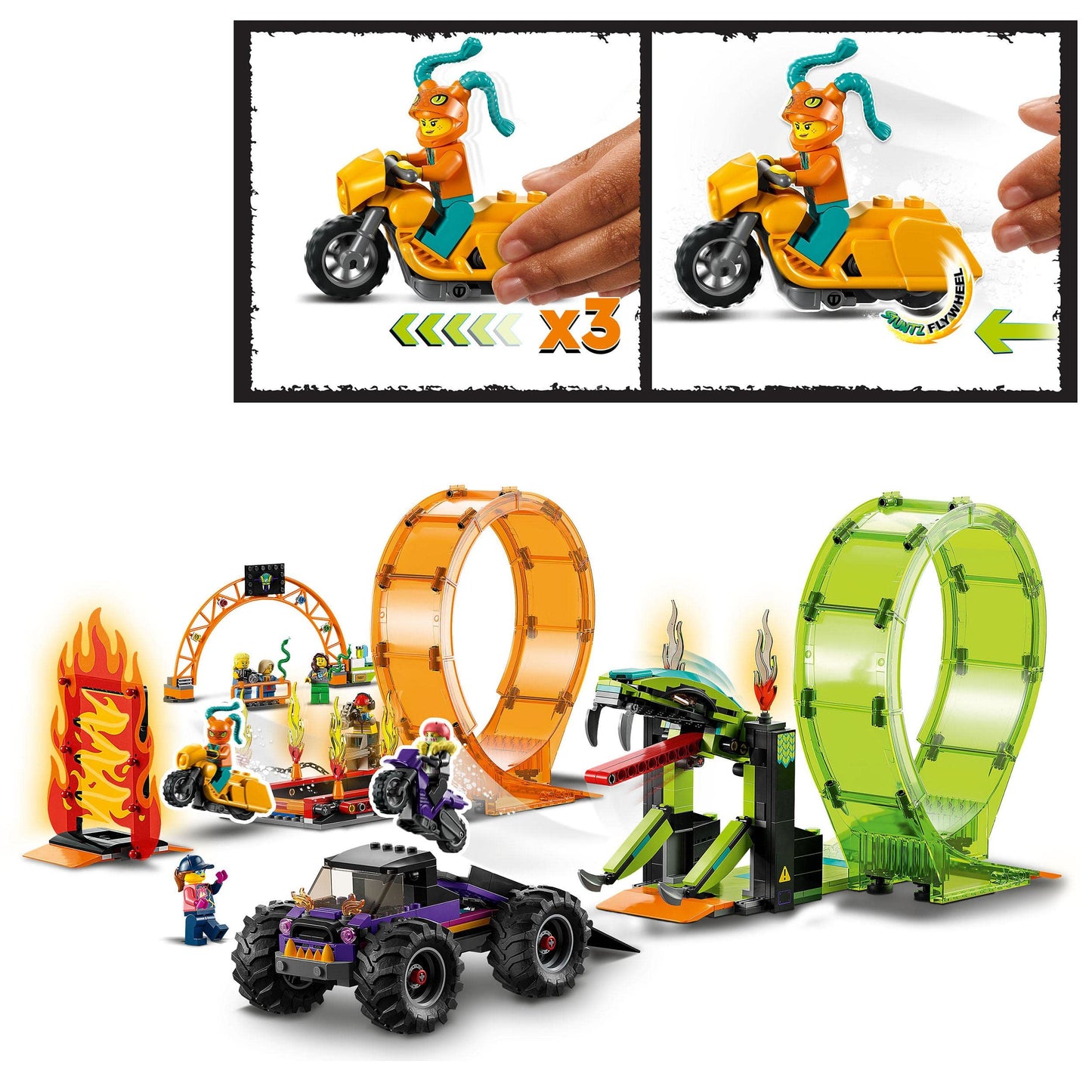 LEGO 60339 City Stuntz Stunt Show Double Loop Set, includes ramp, monster truck, 2 motorcycles, and 7 minifigures. Toy for kids ages 7 and up.