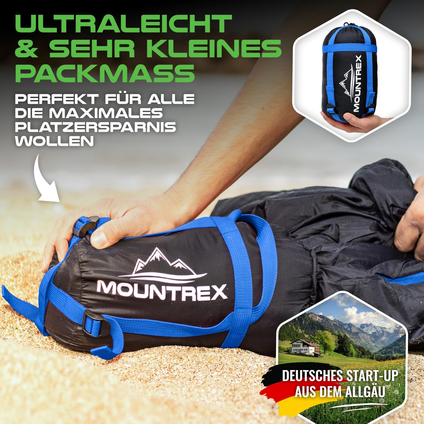 MOUNTREX® Sleeping Bag - Small pack size & Ultralight (760g) - Outdoor summer sleeping bag, mummy sleeping bag (205x80cm) - Compact, warm and light for camping, traveling or festivals - Linkable