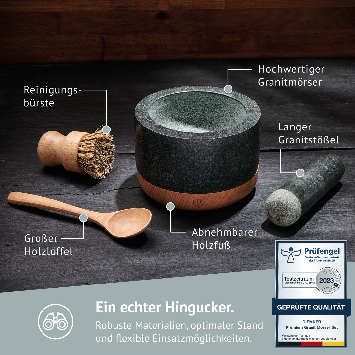 Diemker Premium Granite Mortar and Pestle Set, Γ 14 cm, removable wooden base, wooden spoon, and cleaning brush included. Perfect for grinding spices, nuts, making pesto, and as a grilling accessory.