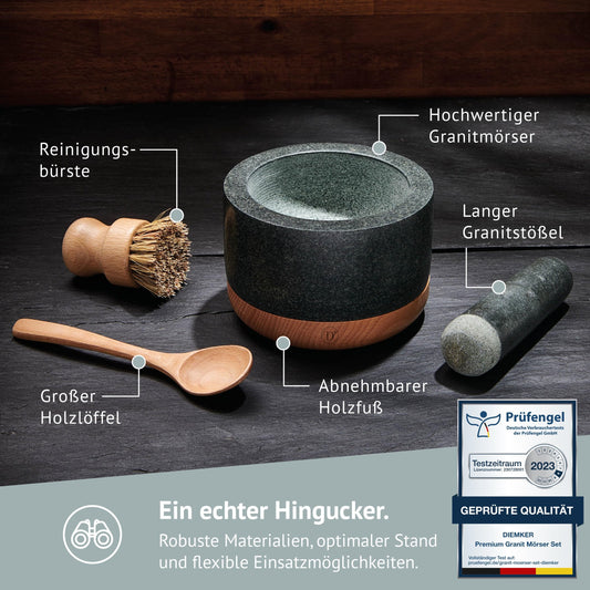 Diemker Premium Granite Mortar and Pestle Set, Ø 14 cm, removable wooden base, wooden spoon, and cleaning brush included. Perfect for grinding spices, nuts, making pesto, and as a grilling accessory.