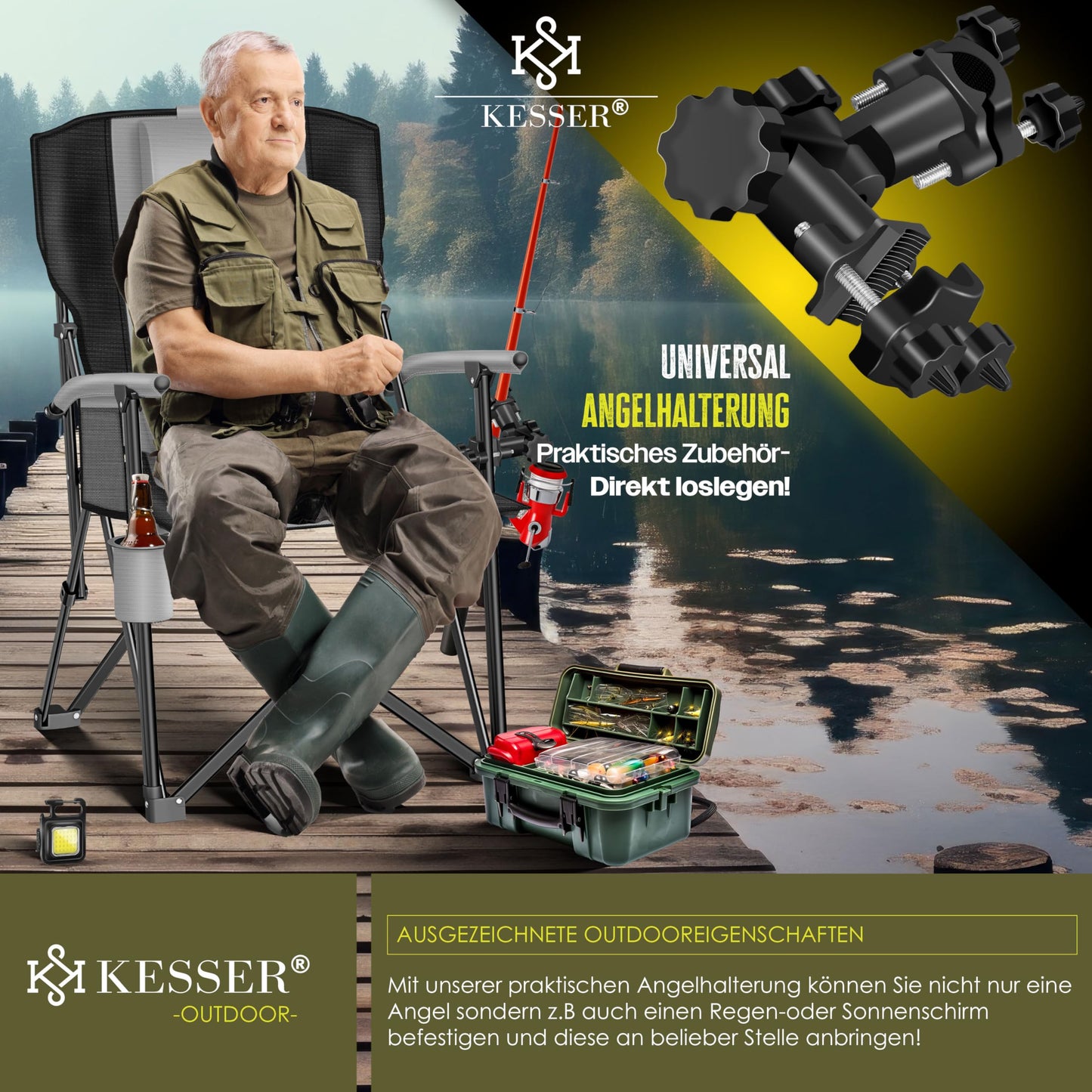KESSER® Camping chair foldable up to 160 kg | Fishing chair Folding chair Padded with armrests | Camping light and cup holder + bag with high backrest | Beach chair with fishing rod holder