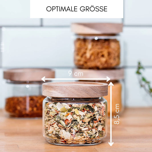 Econovo® storage jars with lid 300ml (4 pieces), glass containers with lid set, glass storage jars for storing muesli, pasta, coffee, storage jars with wooden lid.