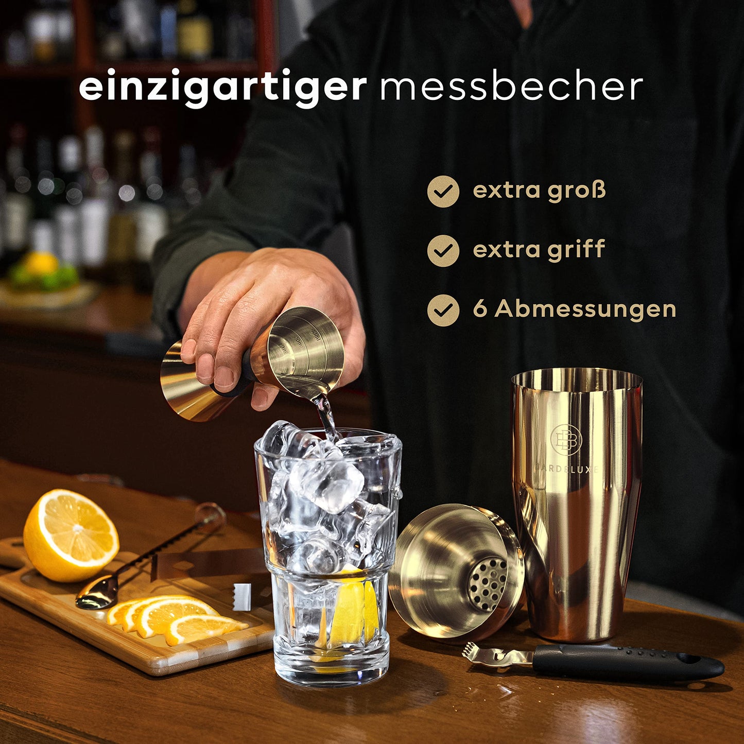 BarDeluxe® Boston Shaker Set 5-piece, Bartender Set, Cocktail Mix Set - 750ml Boston Cocktail Shaker, Stainless Steel Cocktail Set, Cocktail Accessories - Luxury Gift Set, Bag & recipe book (Gold)