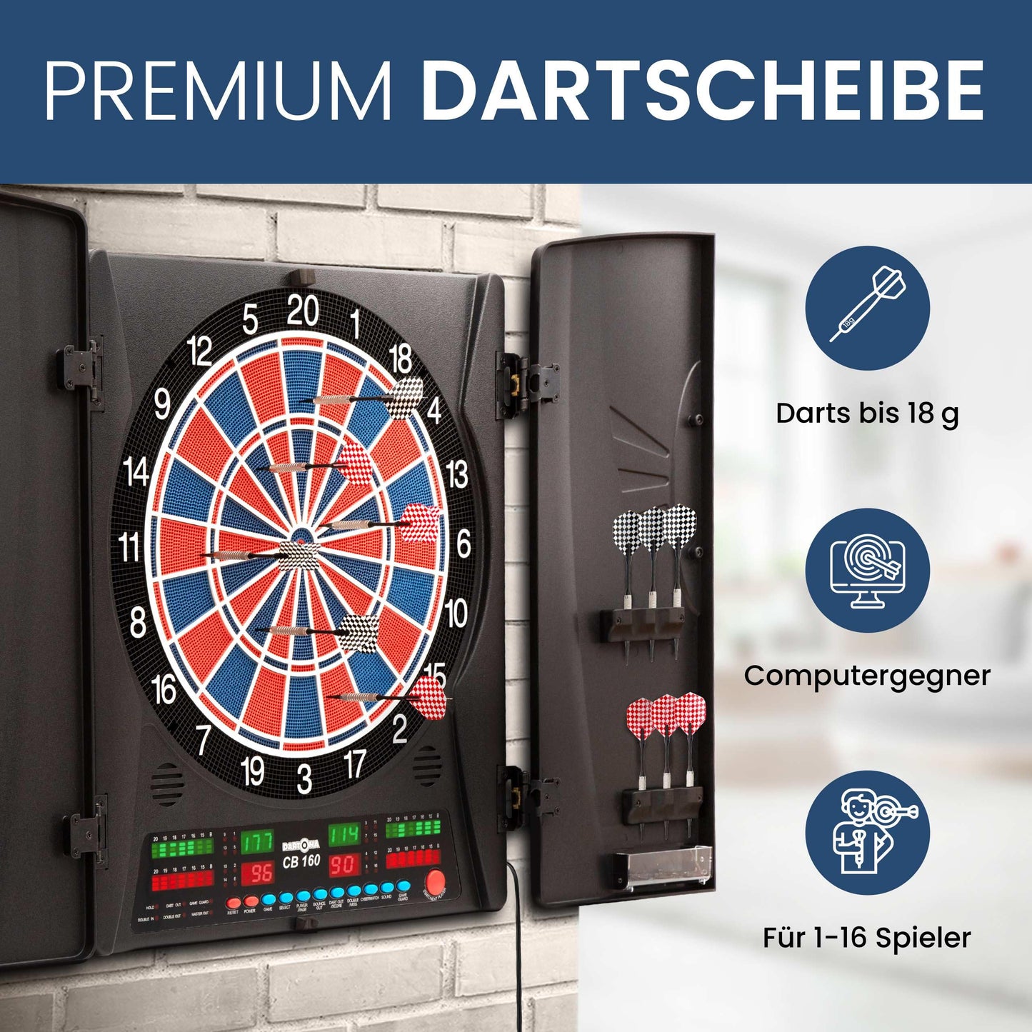 Electronic Dartboard Dartona CB160 Cabinet | Official tournament size | Electronic darts board | Tournament board with 33 games and over 160 variations.