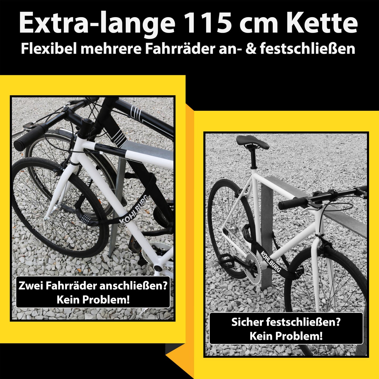 KOHLBURG very long bike lock combination lock 115cm & 6mm strong steel - bike lock with code - chain lock with number combination for bike E-bike & e scooter - code bike lock
